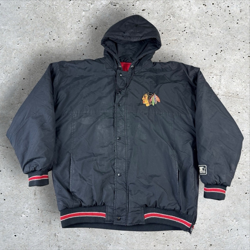 Vintage Chicago Blackhawks Starter Jacket Mens XL FULL ZIP PUFFER Embroidered‎